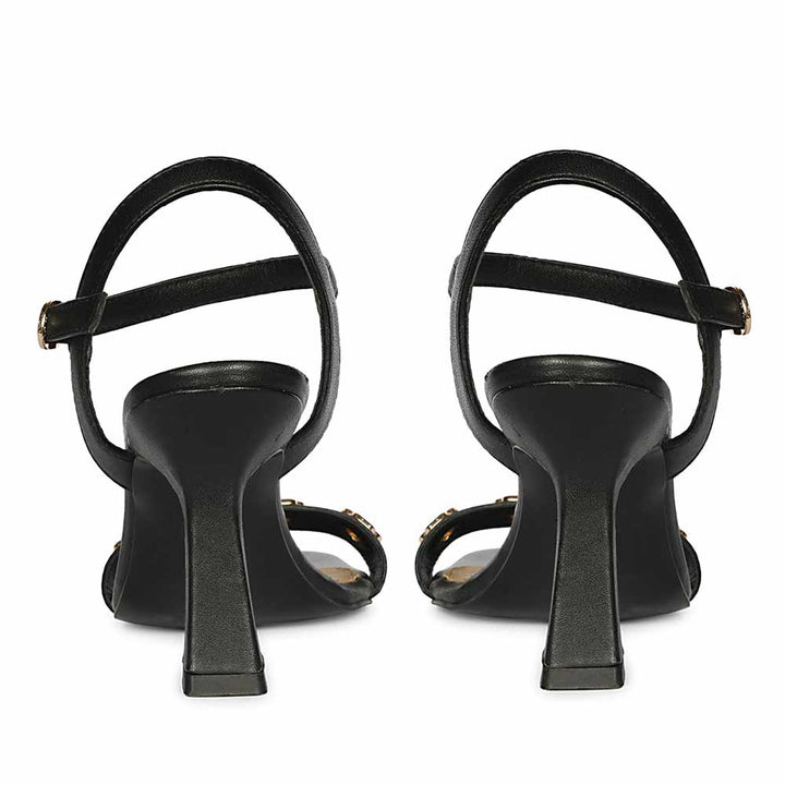 Saint Dahlia Gold Flower Eyelets Black Leather Heels