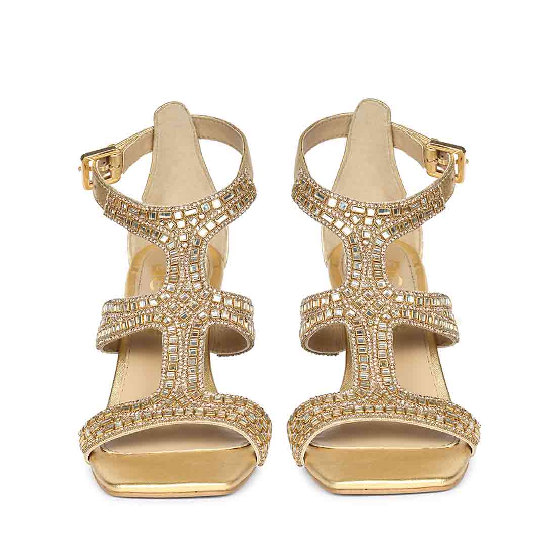 Saint Eloria Crystal Gold Leather Flared Stiletto Heels
