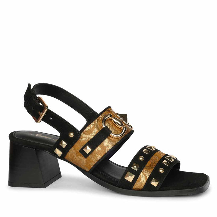 Saint Edie Embellished Metallic Black Leather Block Heel