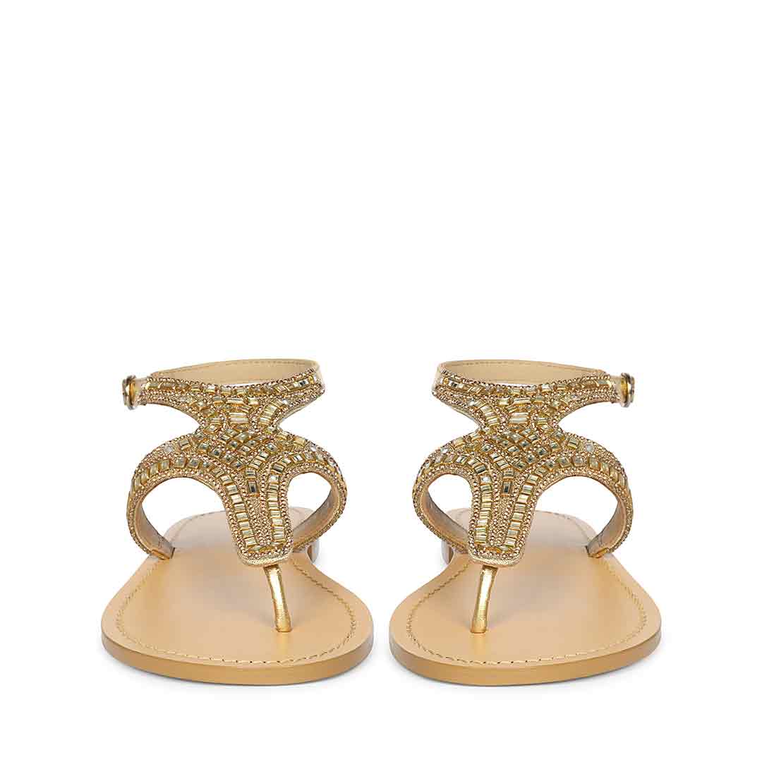Saint Faith Embellished T-Strap Gold Leather Flats