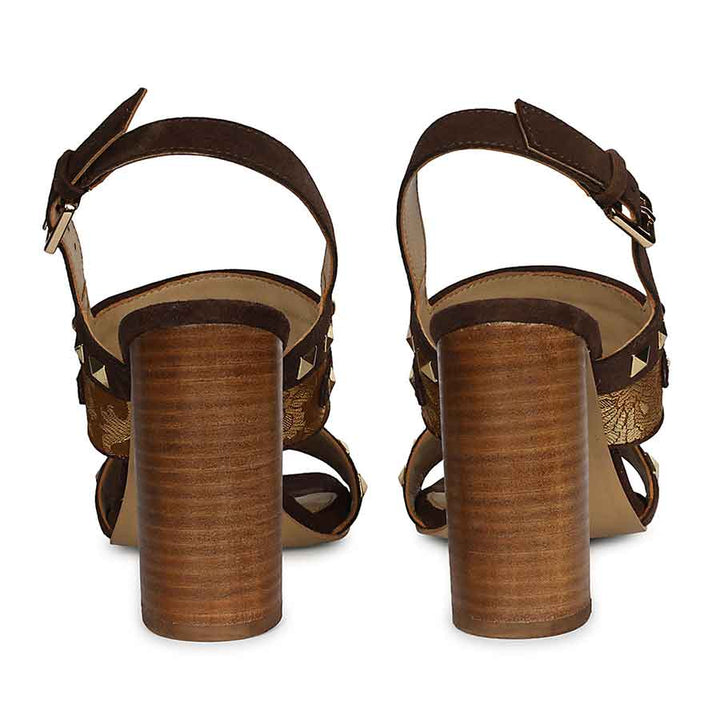 Saint Larisa Embellished Dark Brown Leather High Block Heels