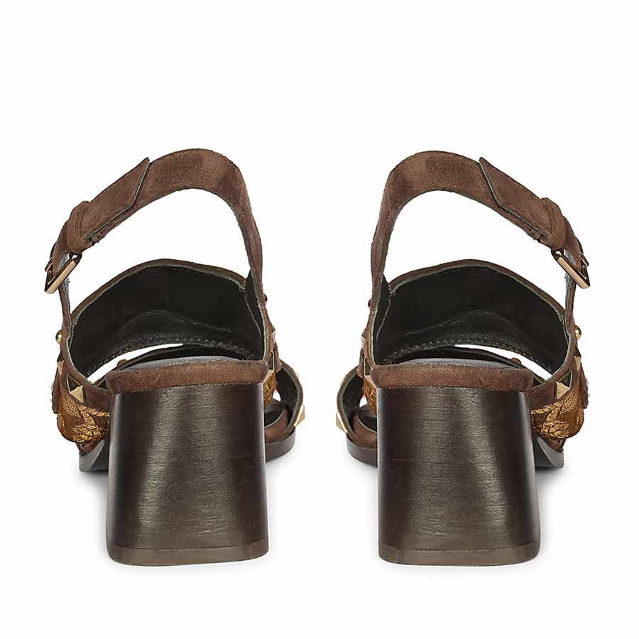 Saint Edie Embellished Metallic Brown Leather Block Heel