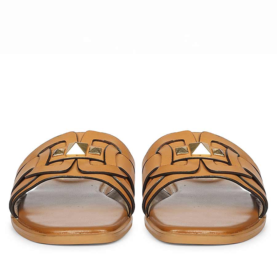 Saint Tyla Tan Leather Pyramid Stud Slides