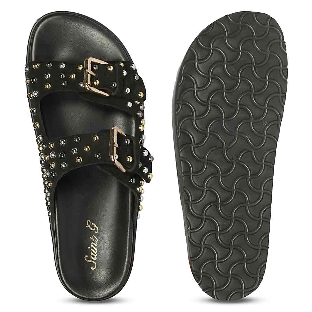 Saint Marnie Studded Black Leather Footbed Sandals