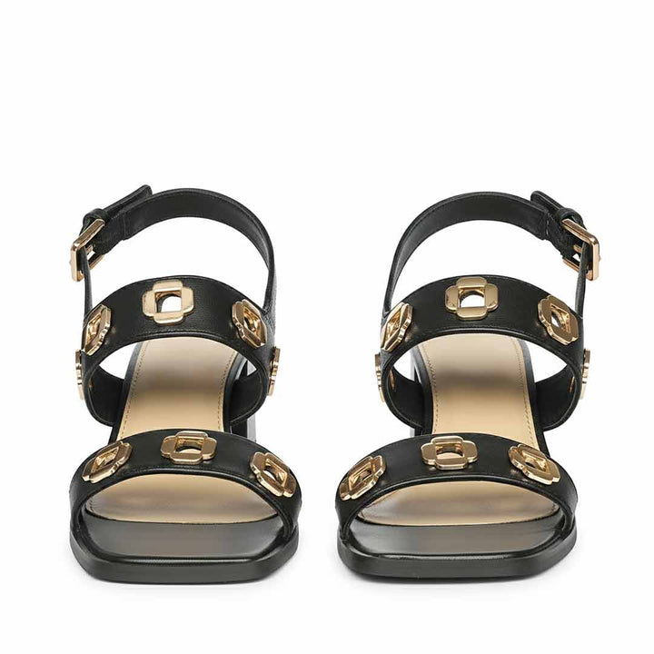 Saint Alviera Gold Flower Eyelets Leather Block Heels