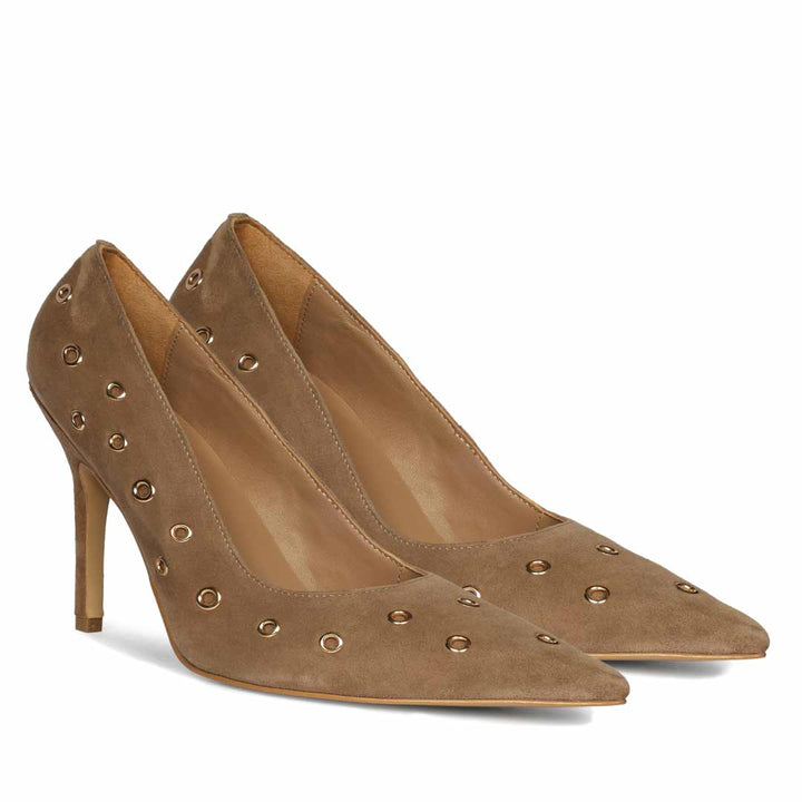 Saint Remi Eyelet Embellished Beige Suede Leather Pumps
