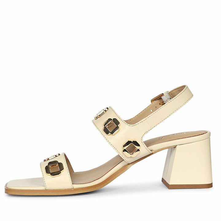 Saint Alviera Gold Flower Eyelets Leather Block Heels