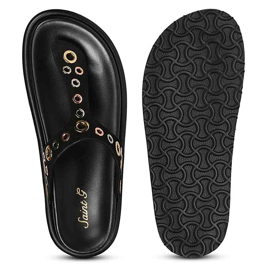 Saint Raelyn Eyelet Black Leather Footbed Sandals