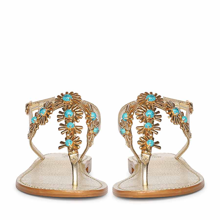 Saint Freesia Turquoise Flower Gold Leather Sandals