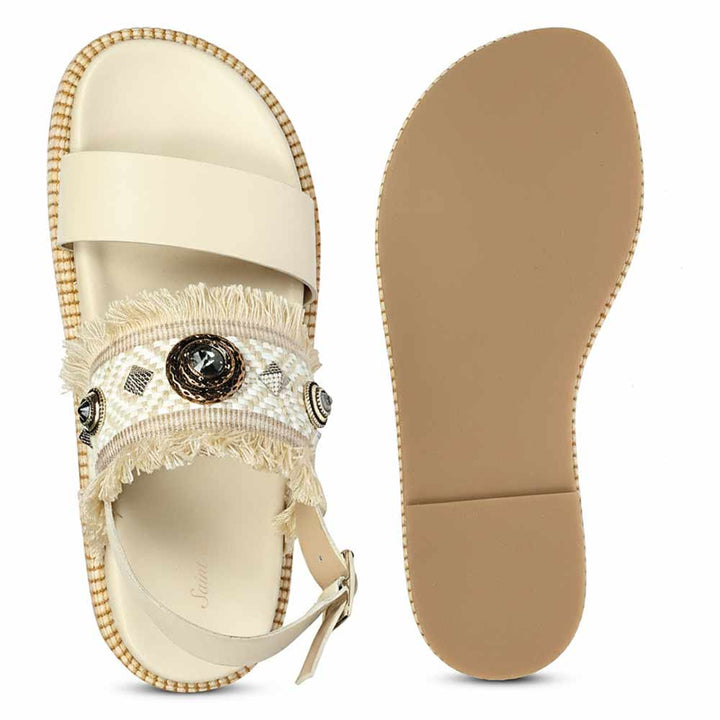Saint Dahna Beige Raffia Leather Platform Sandals