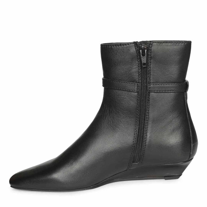 Saint Jimena Black Leather Buckle Low Wedge Ankle Boots