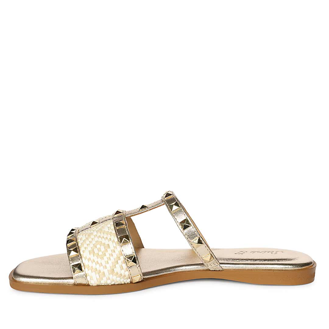 Saint Nylah Raffia & Pyramid Stud Metallic Gold Leather Slide