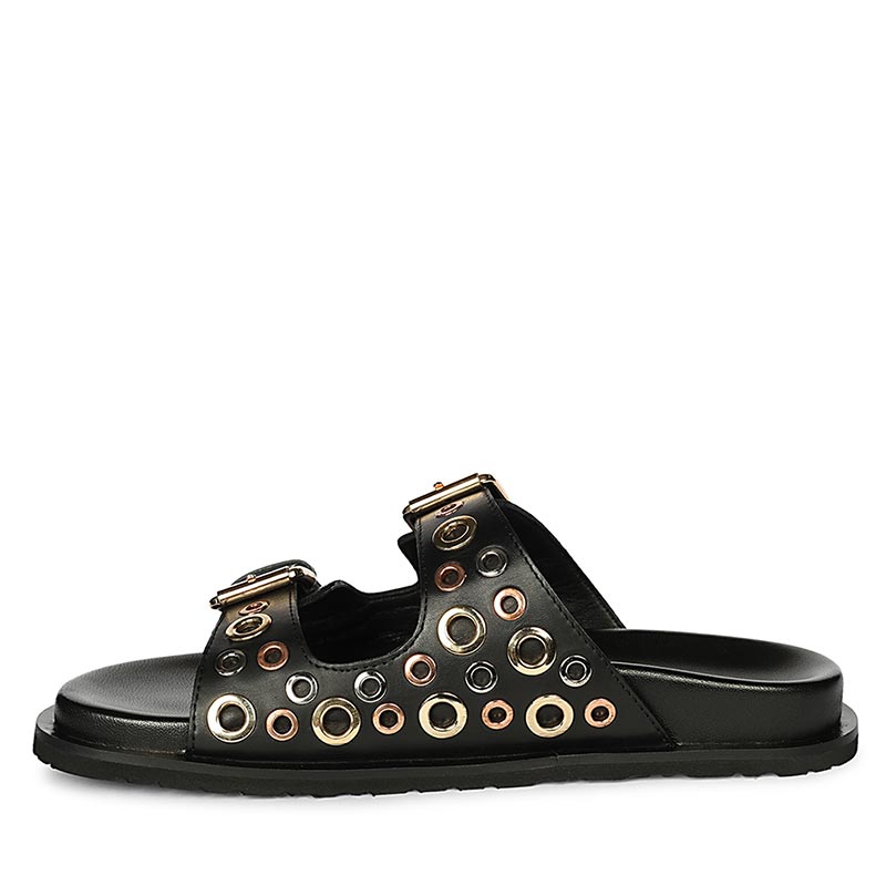 Saint Grethe Eyelets Black Leather Footbed Sandals