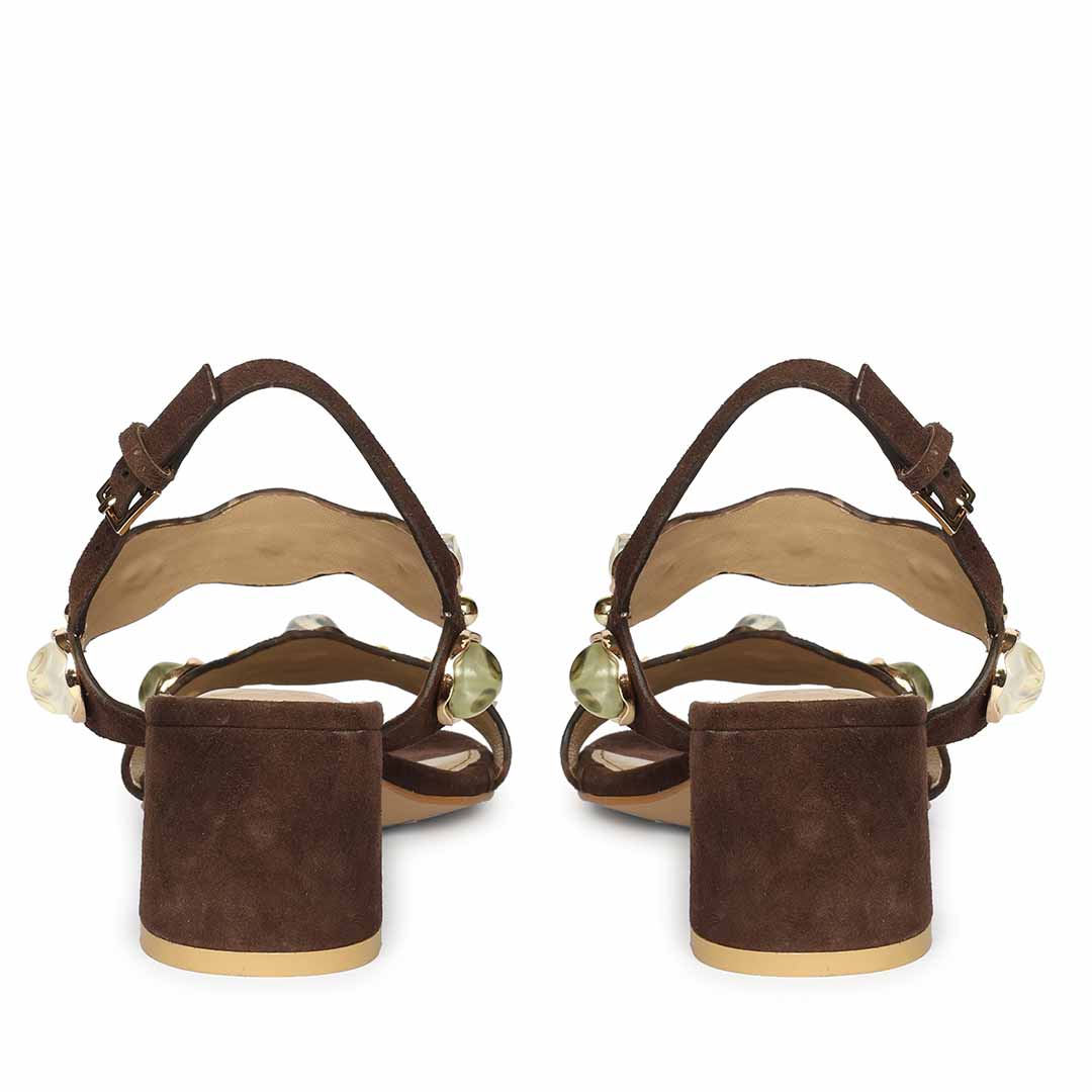 Saint Solira Multi-Stone Brown Suede Leather Block Heels