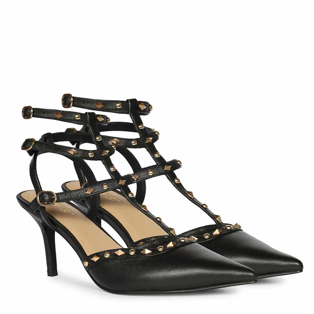 Saint Vorela Studded Multi Strap Black Leather Heels