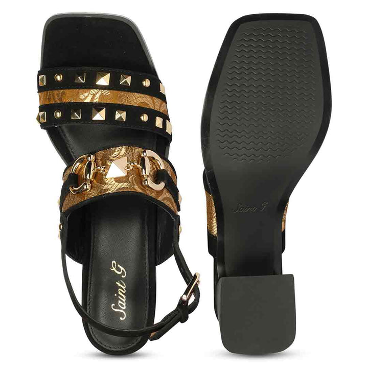 Saint Edie Embellished Metallic Black Leather Block Heel