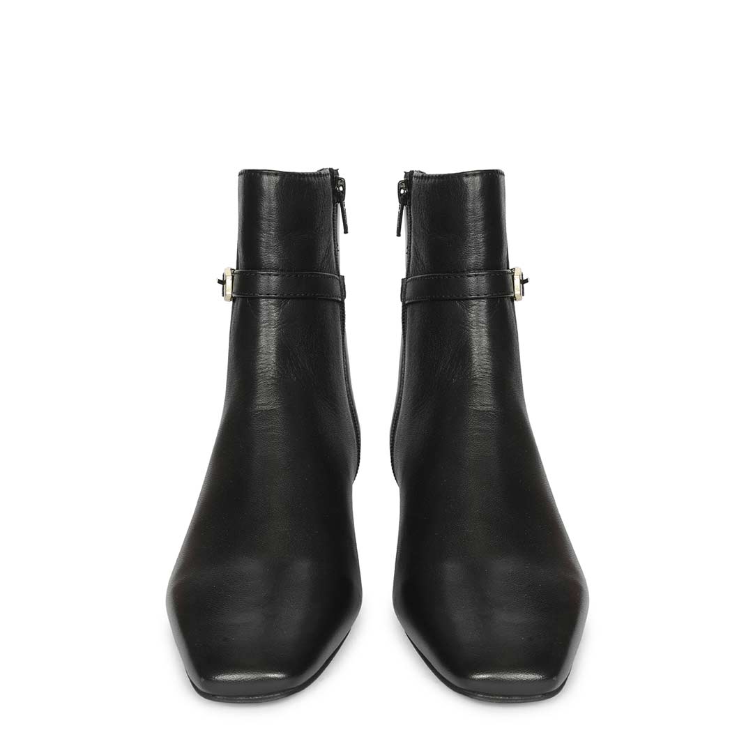 Saint Jimena Black Leather Buckle Low Wedge Ankle Boots