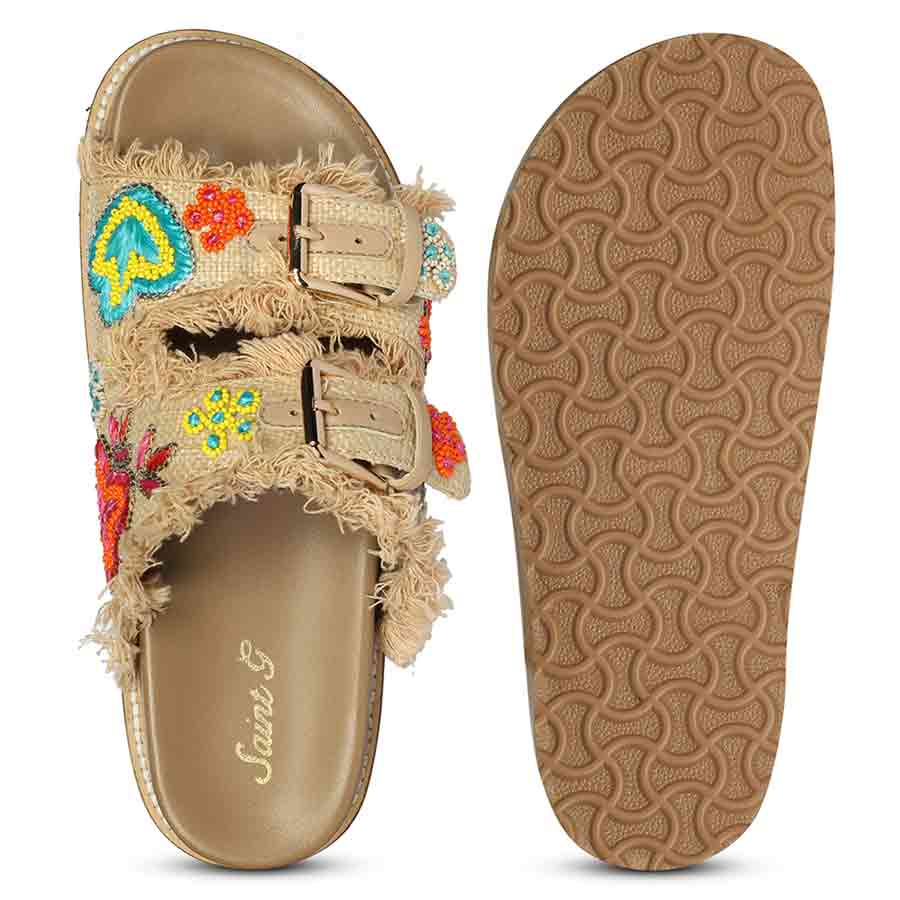 Saint Keisha Boho Fringe Embroidered Footbed Sandals