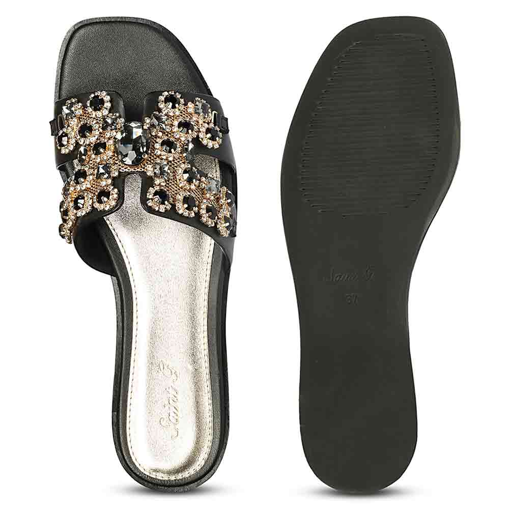 Saint Eileen Embroidered Stone Black Leather Slides
