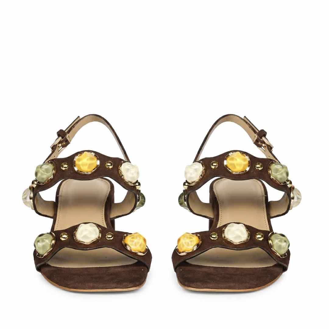 Saint Solira Multi-Stone Brown Suede Leather Block Heels