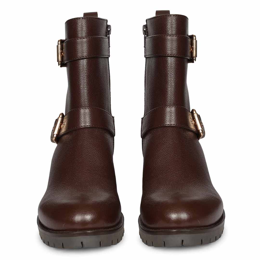 Saint Erika Double Buckle Brown Leather High Ankle Boots