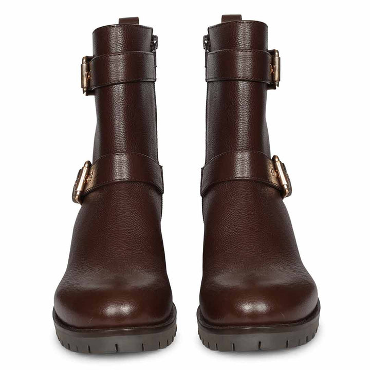 Saint Erika Double Buckle Brown Leather High Ankle Boots