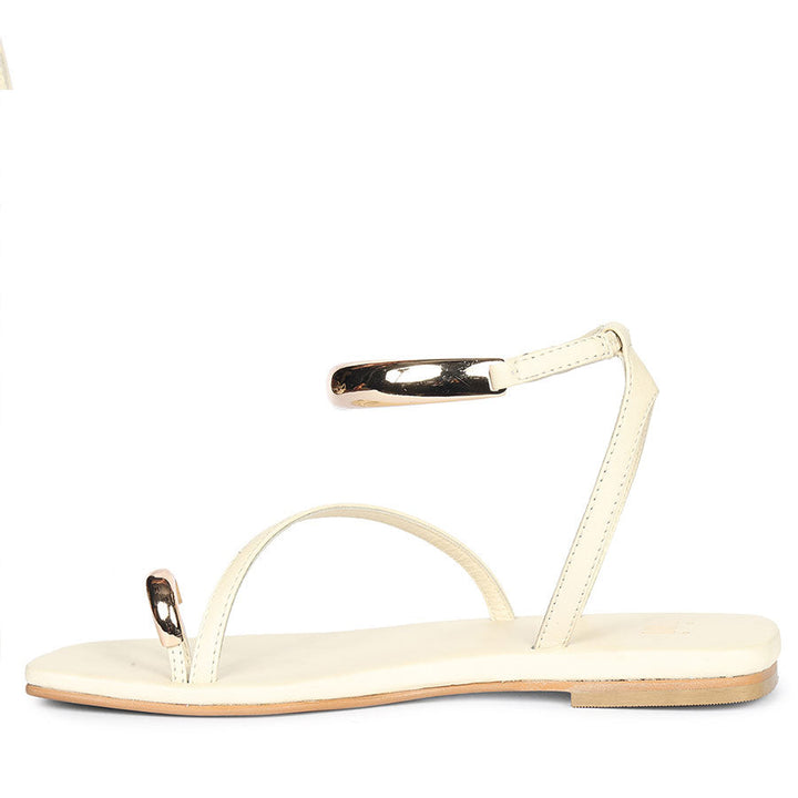 Saint Zinovia Gold-Trim Off White Leather Sandals