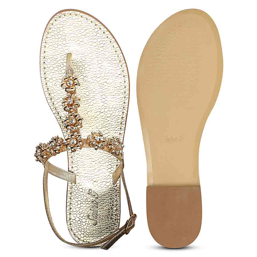 Saint Freesia Crystal Flower Gold Leather Sandals