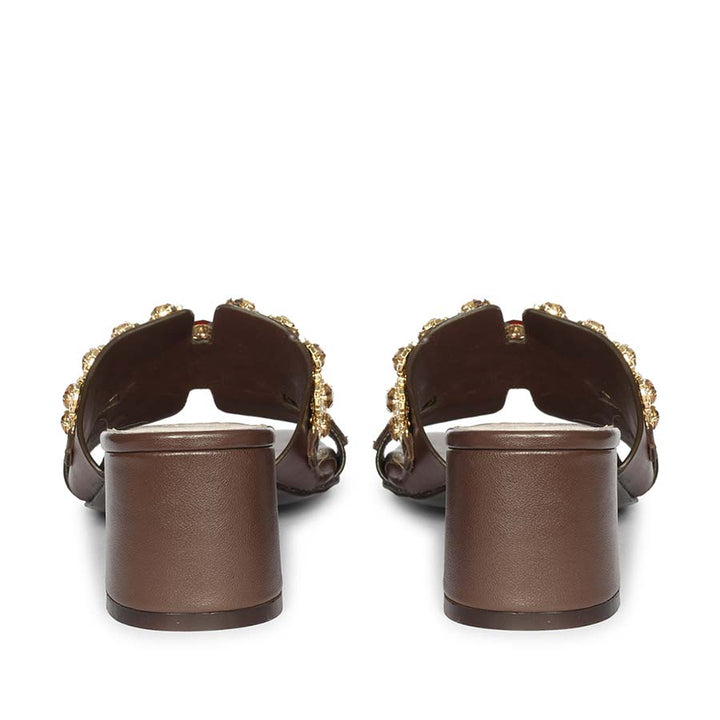 Saint Fiorenza Stone Embroidered Brown Leather Block Heels