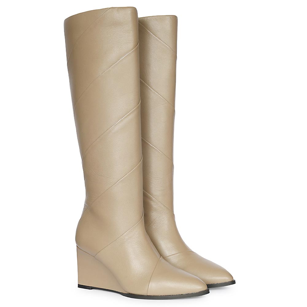 Saint Novara Folded Stone Leather Wedge Long Boots
