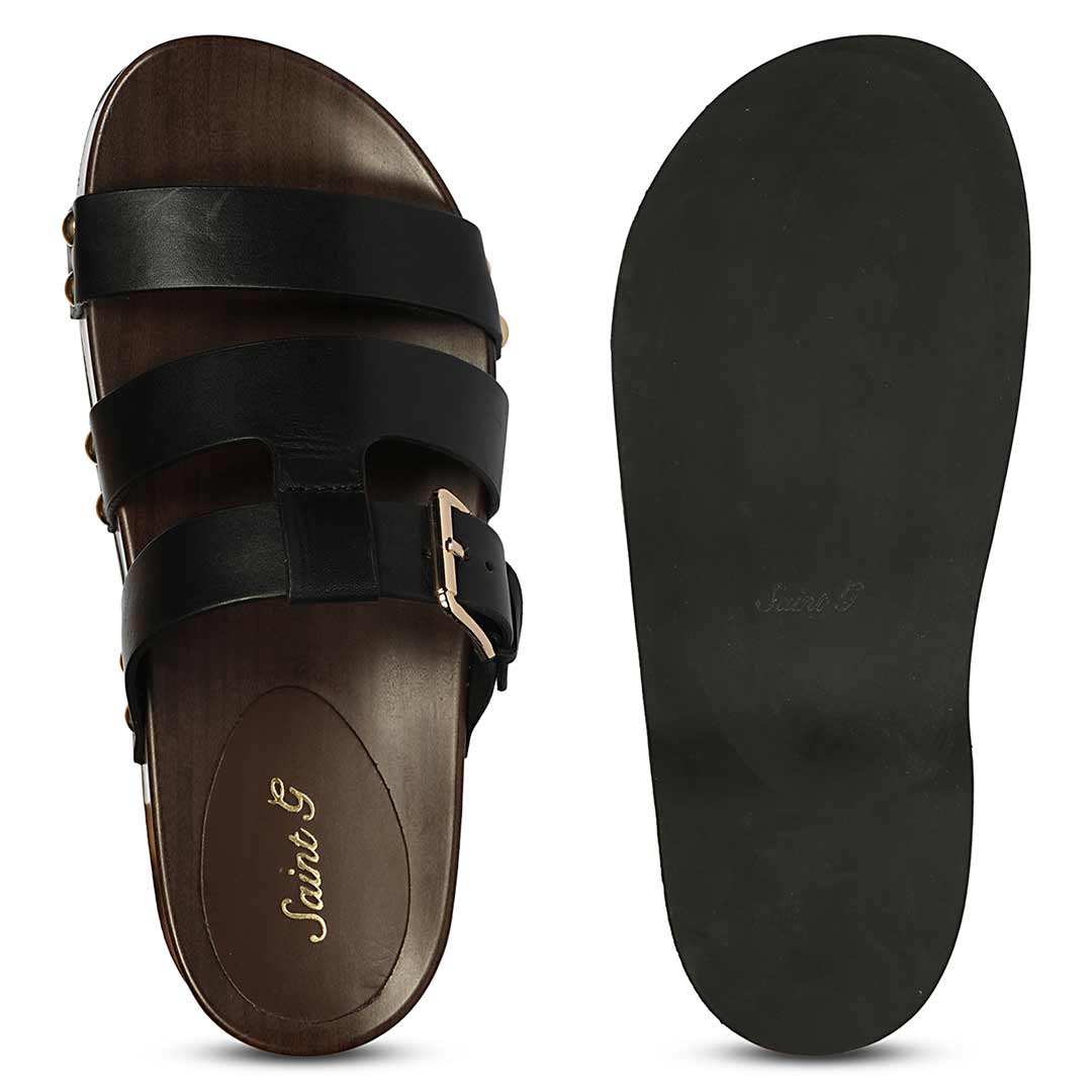 Saint Valene Buckle Black Leather Platform Sandals