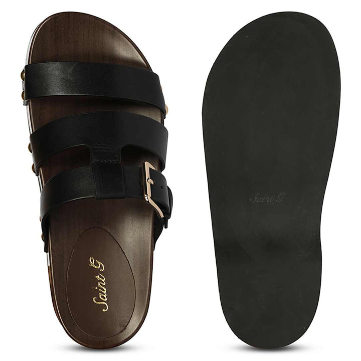 Saint Valene Buckle Black Leather Platform Sandals