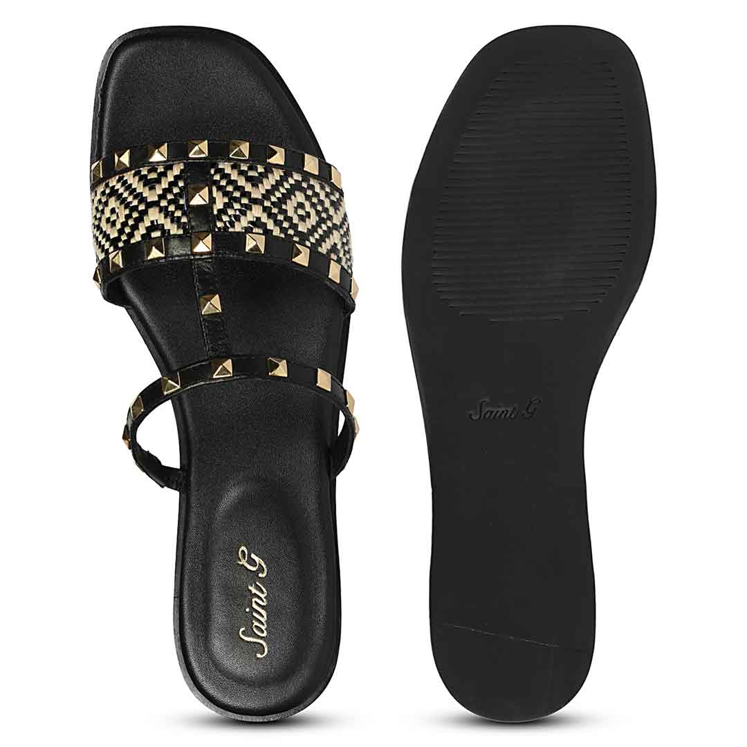 Saint Nylah Raffia & Pyramid Stud Black Leather Slide