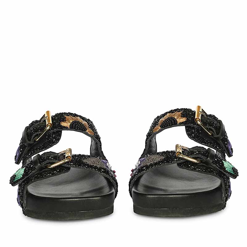 Saint Clio Hand Embroidered Black Leather Footbed Sandals