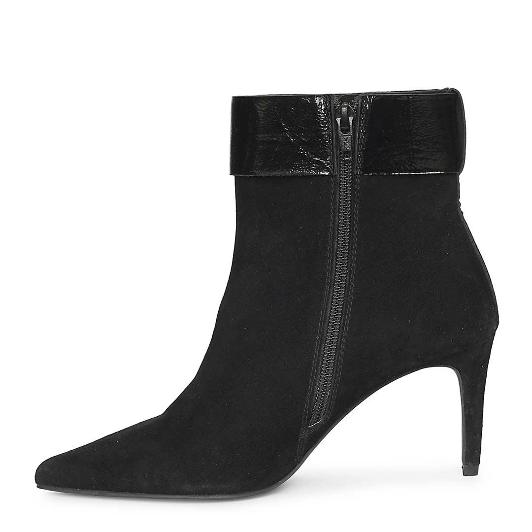 Saint Isabeau Gold Buckle Black Suede Stiletto Ankle Boots