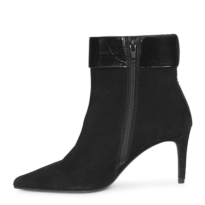Saint Isabeau Gold Buckle Black Suede Stiletto Ankle Boots