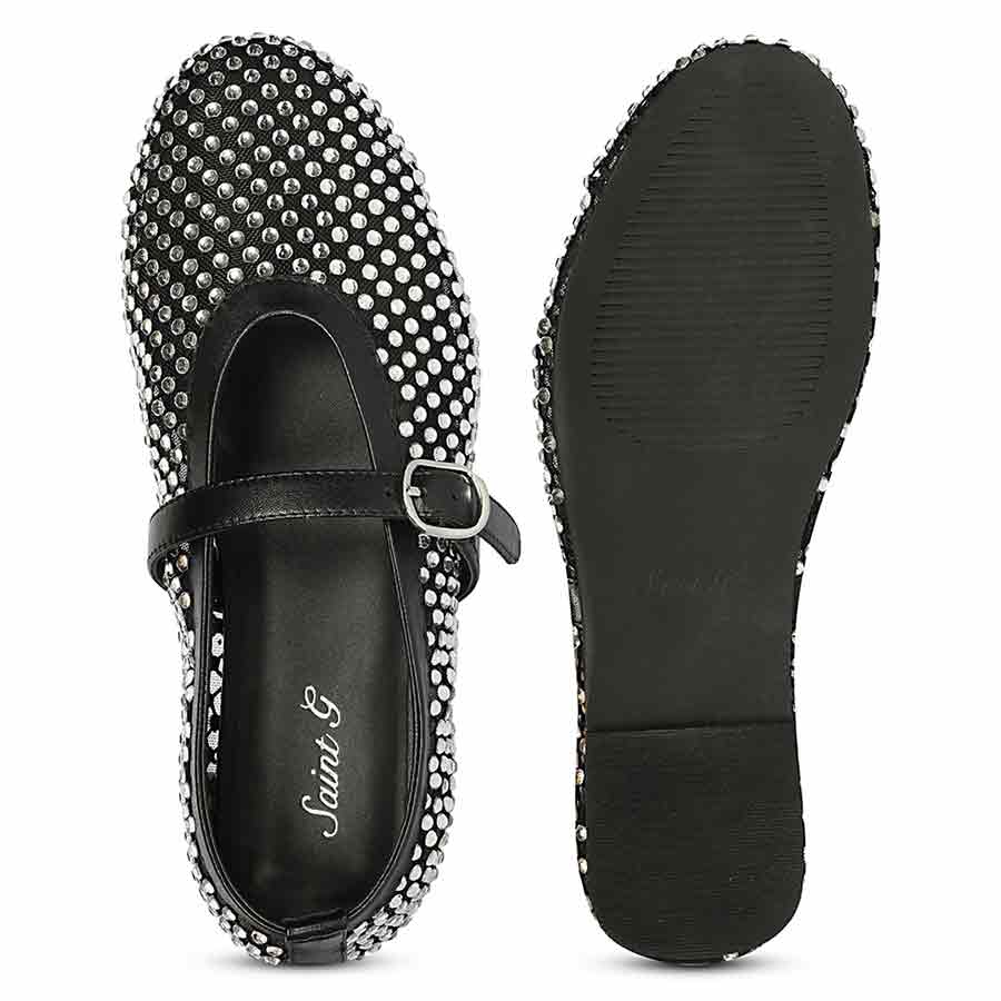 Saint Lennon Strass Embellished BlackLeather Flats