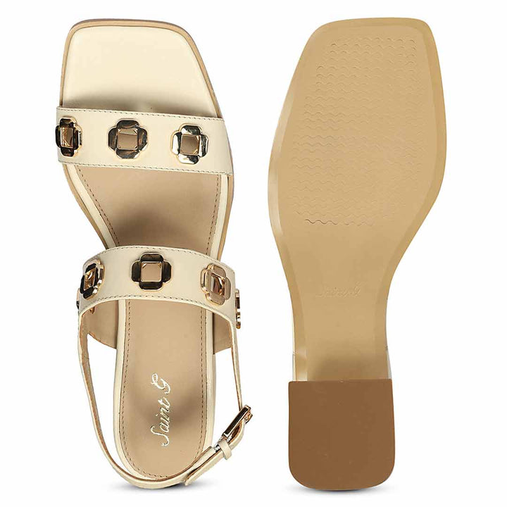 Saint Alviera Gold Flower Eyelets Off White Leather Block Heels