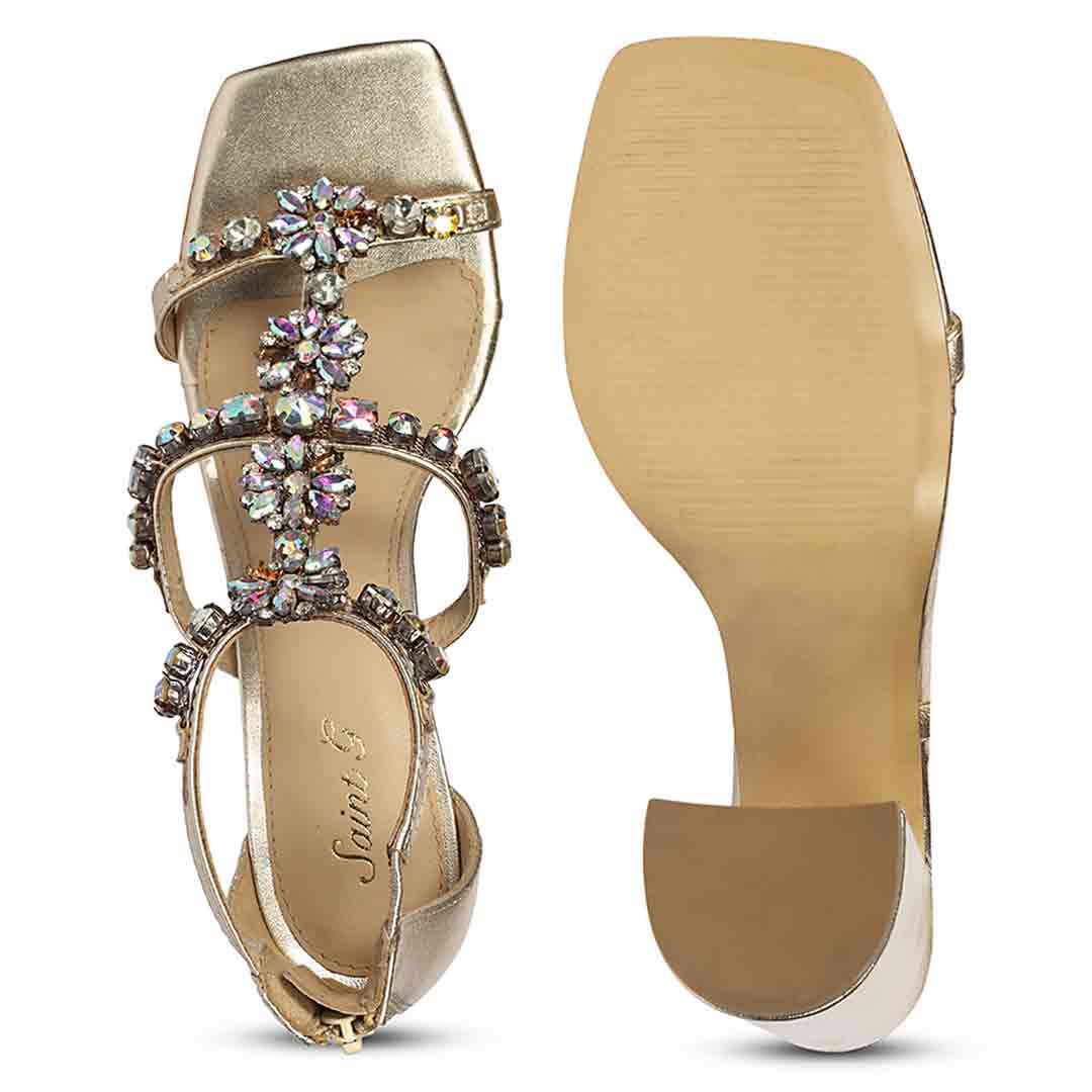 Saint Holly Rainbow Stone Metallic Gold Leather Block Heels