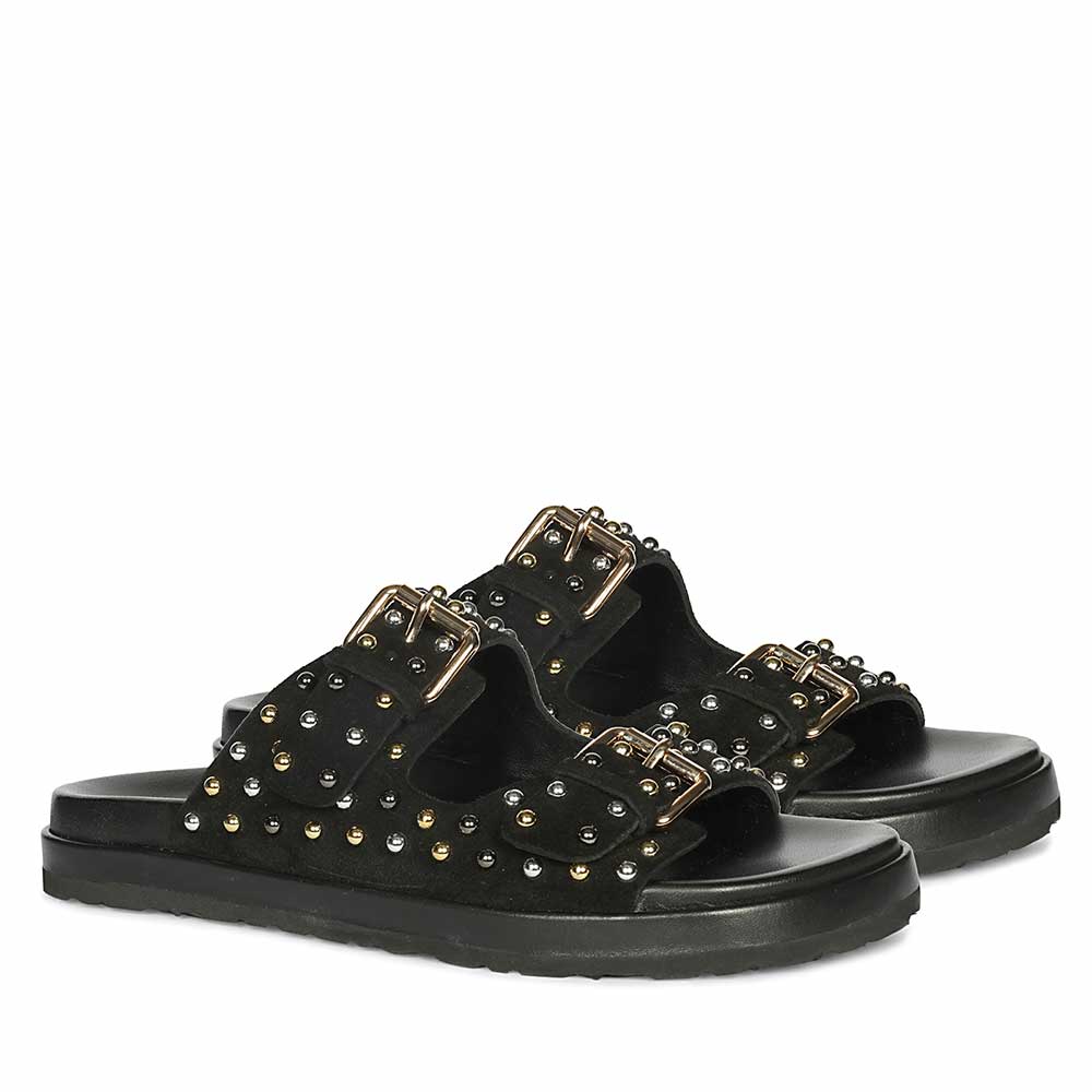 Saint Marnie Studded Black Leather Footbed Sandals