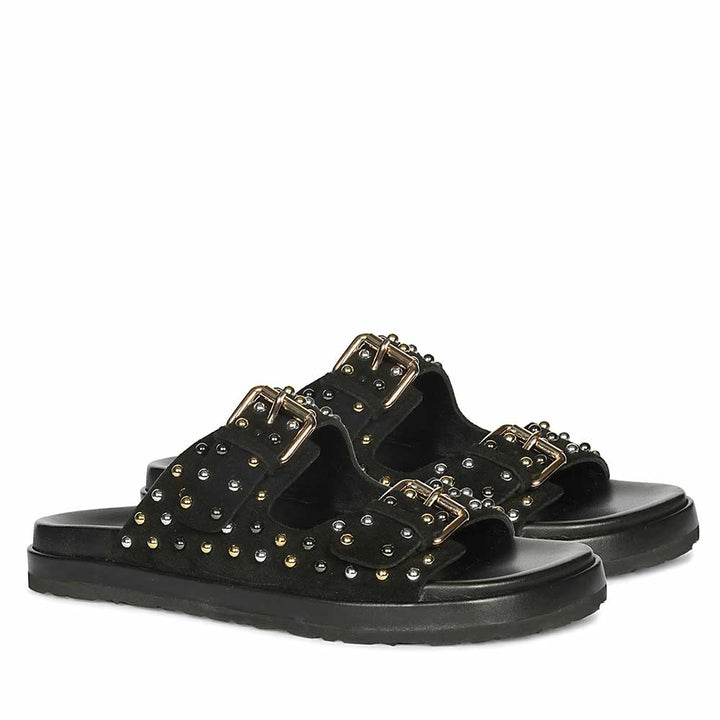 Saint Marnie Studded Black Leather Footbed Sandals