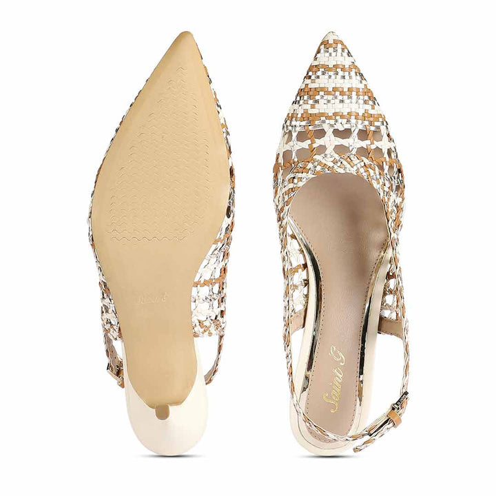 Saint Tamia Tan & Gold Hand Woven Leather Pumps