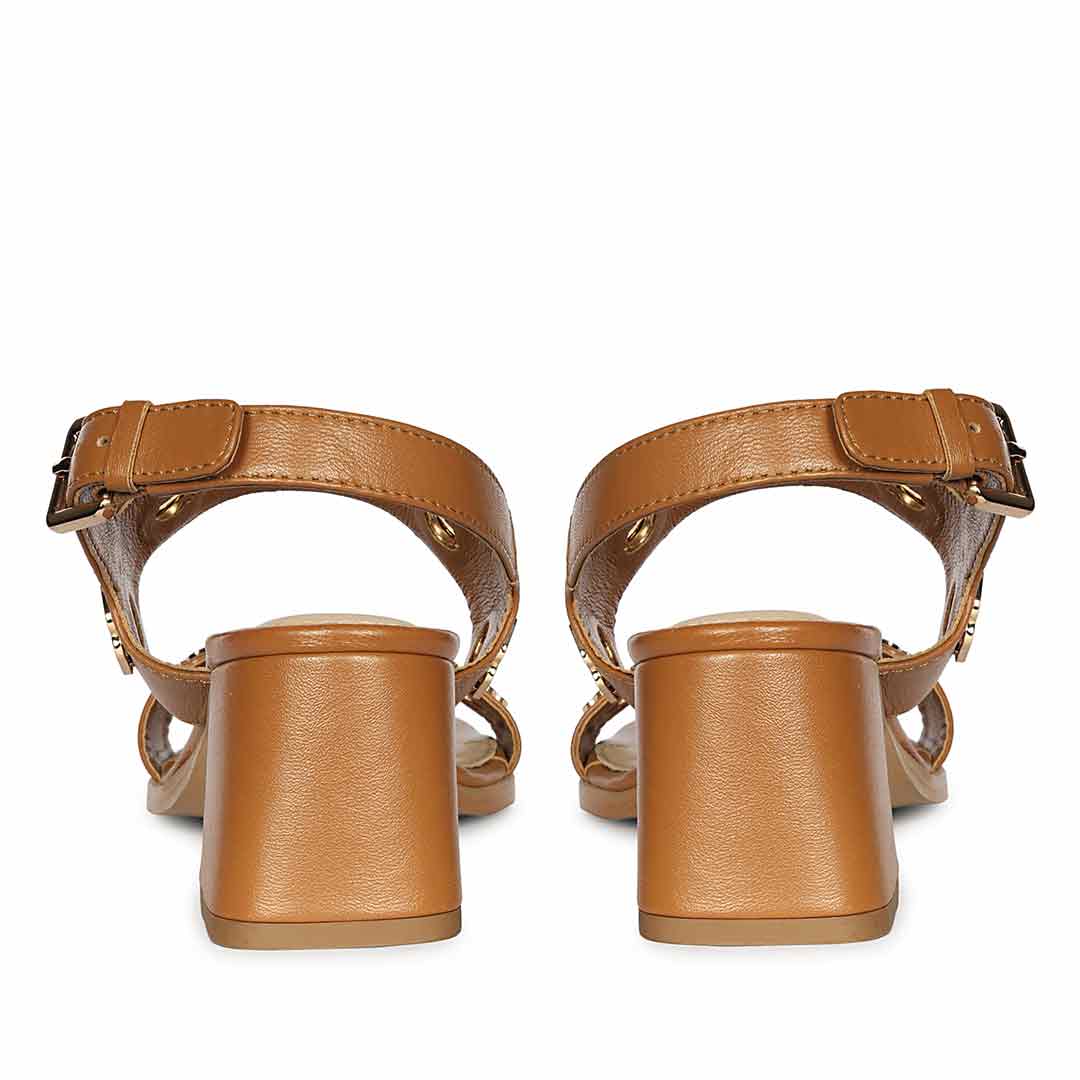 Saint Alviera Gold Flower Eyelets Tan Leather Block Heels