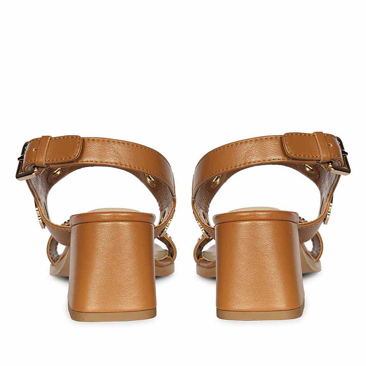 Saint Alviera Gold Flower Eyelets Tan Leather Block Heels