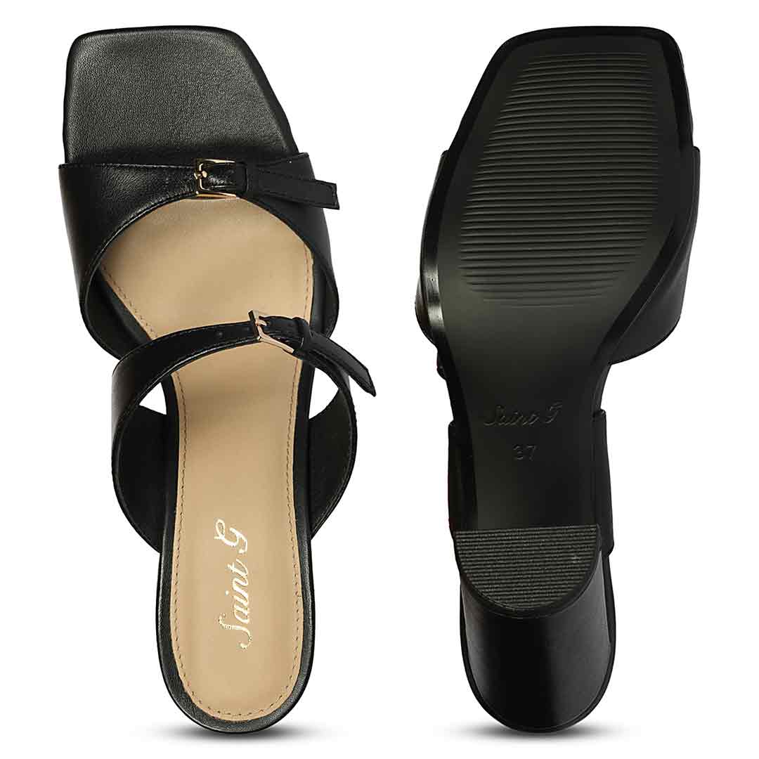 Saint Mallory Buckle Black Leather Heels