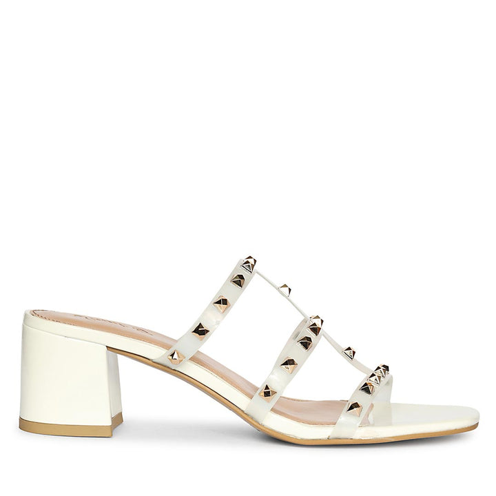 White Block Heels with Gold Studs