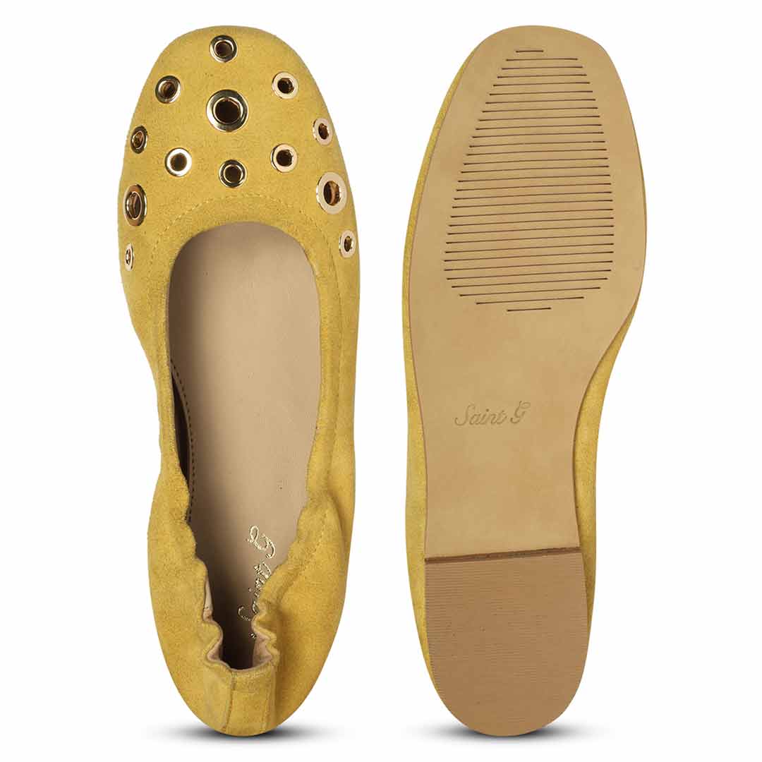 Saint Tesslyn Yellow Suede Eyelet Embellished Ballerinas