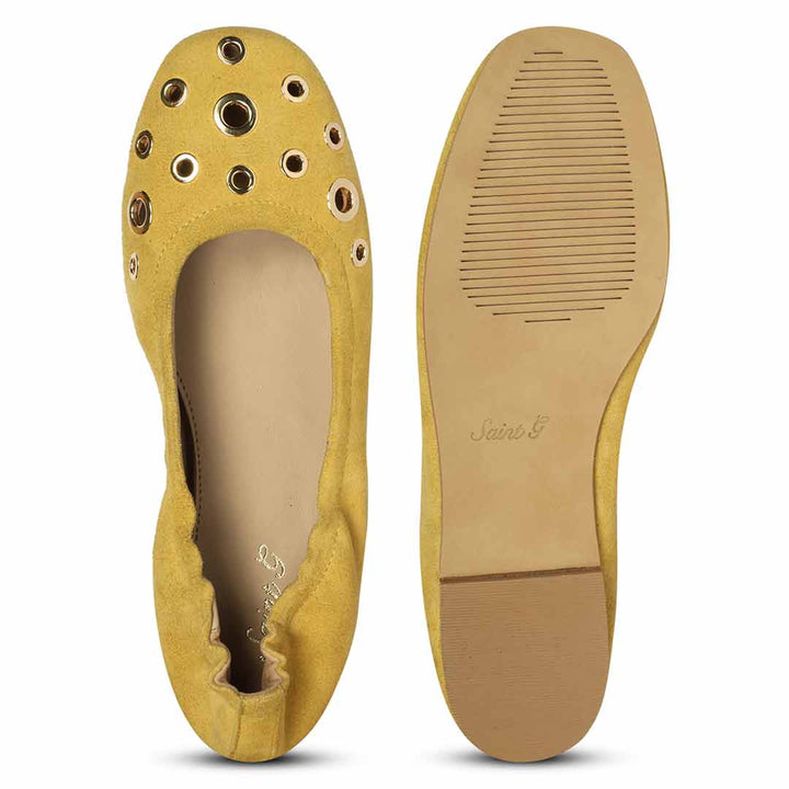 Saint Tesslyn Yellow Suede Eyelet Embellished Ballerinas