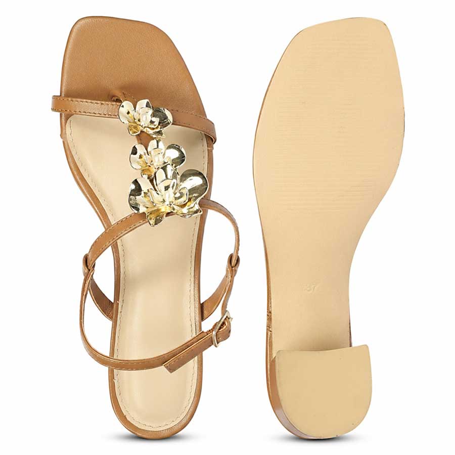 Saint Dorian Gold Flower Tan Leather Block Heels