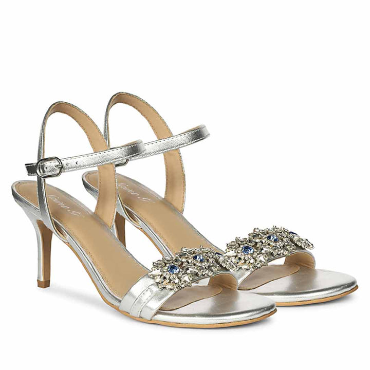 Saint Brittany Crystal Stone Silver Leather Stilettos